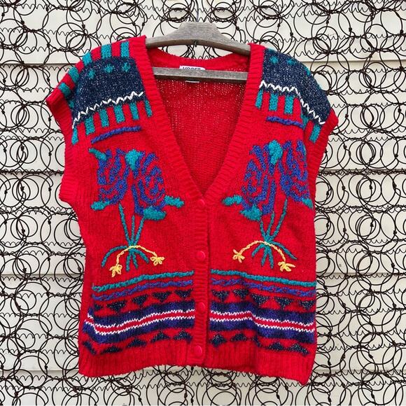Vintage 90s Koret Red Floral Bouquet Embroidered Sweater Vest MEDIUM PETITE - Picture 1 of 5